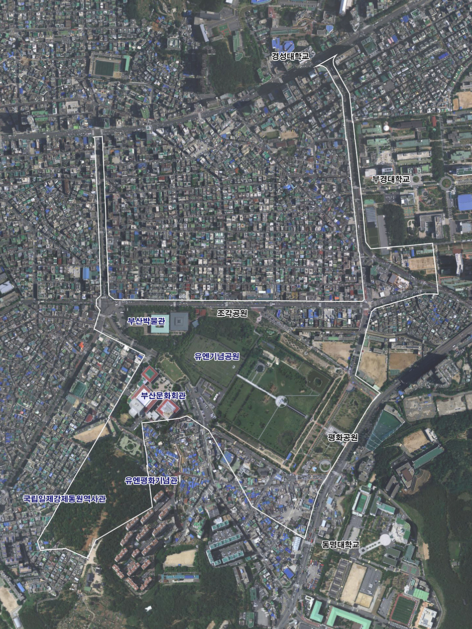 UN평화문화특구 대상 구역도(경성대학교, 부경대학교, 부산박물관, 문화회관, 당곡공원, 평화공원, 동명대학교 -  UN기념공원, 대학로 문화거리조성, 젊음의 광장 조성,오륙도 UN 축제, UN평화기념관