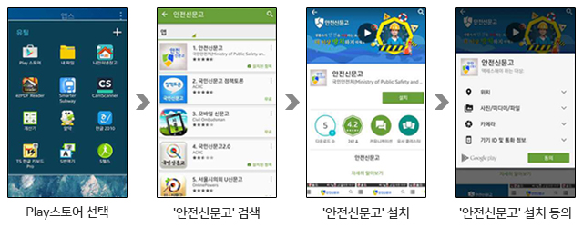 안전시문고 앱 및 웹 이용하여 신고요령 (Play스토어 선택-안전신문고 검색-안전신문고 설치-안전신문고 설치 동의)