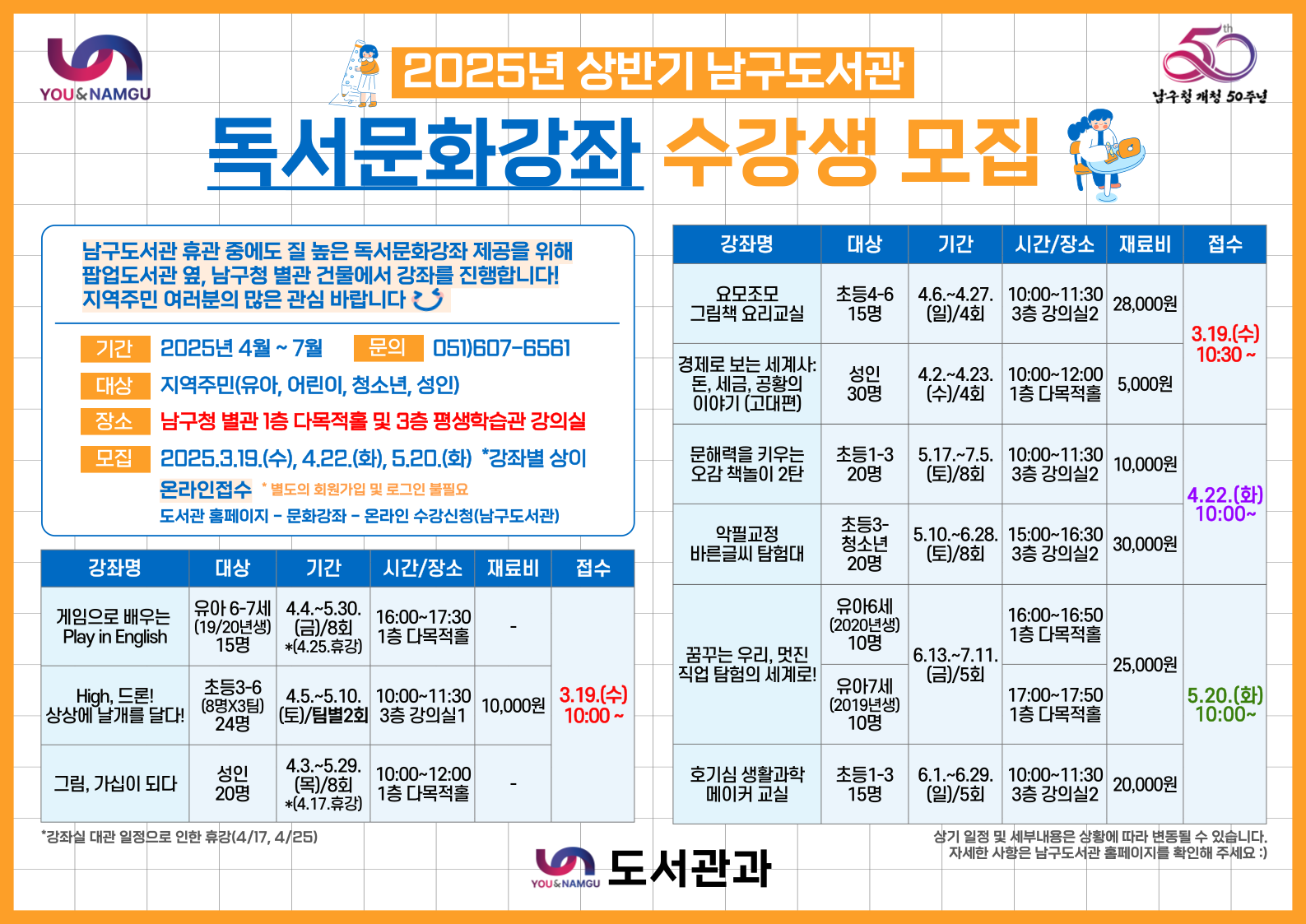 「2025년 남구도서관 상반기 독서문화강좌」 운영 및 수강생 모집 안내