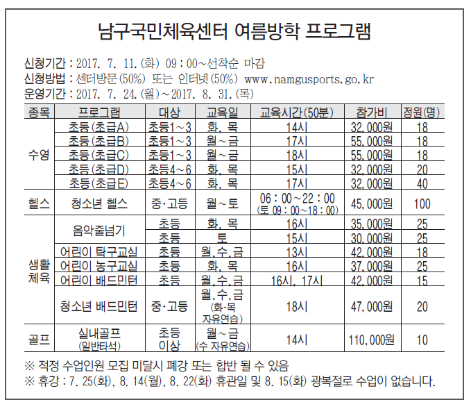 남구국민체육센터 여름방학 프로그램