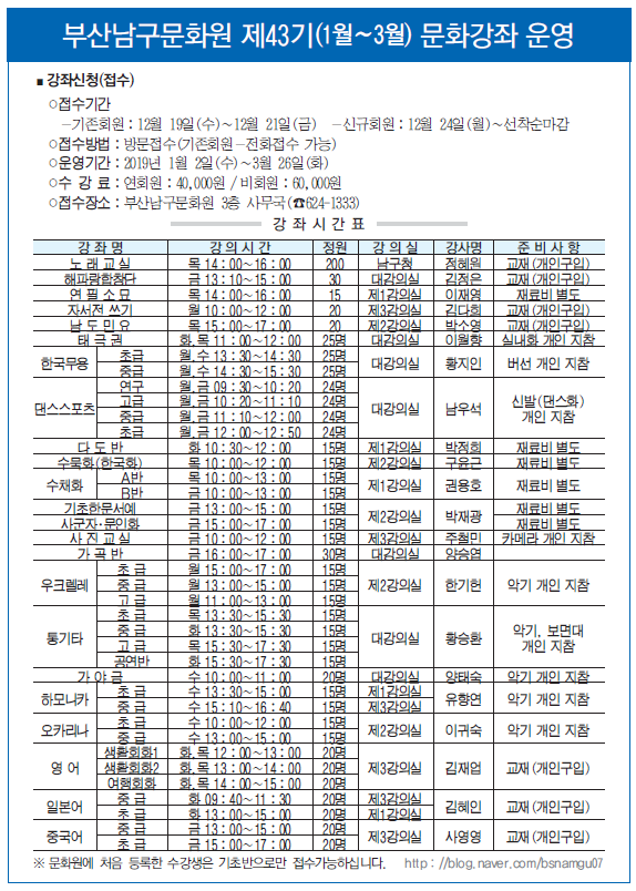 부산남구문화원 제43기(1월~3월) 문화강좌 운영