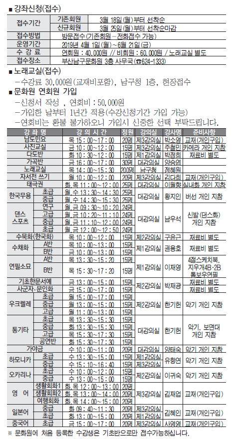 부산남구문화원 제44기(4월~6월) 문화강좌 운영