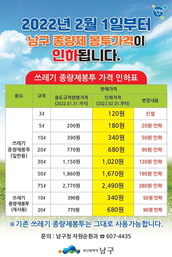 종량제봉투 가격 인하 시행 알림0