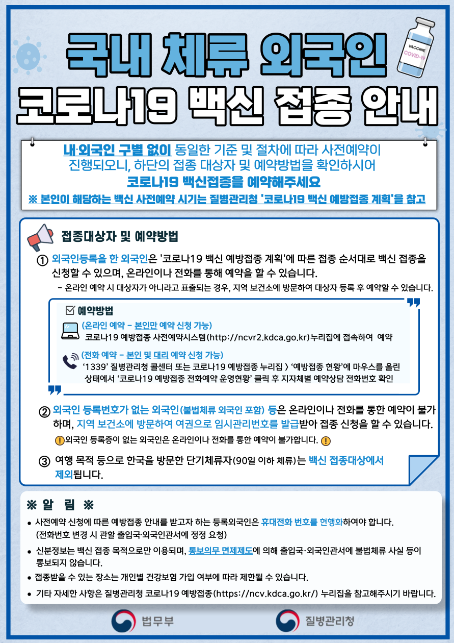 국내 체류 외국인 코로나19 백신 접종 안내 (국문/eng/中文 등) Vaccination guide for foreign nationals in Korea0