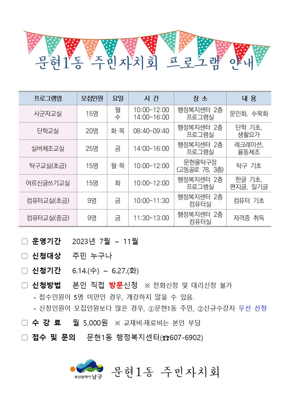 2023년 하반기 문현1동 주민자치회 프로그램 안내0