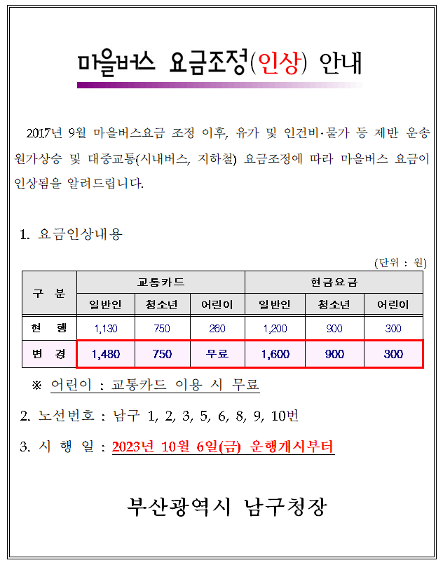 남구 마을버스 요금조정(인상) 안내0