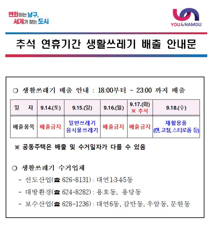 추석 연휴기간 생활쓰레기 배출 안내0