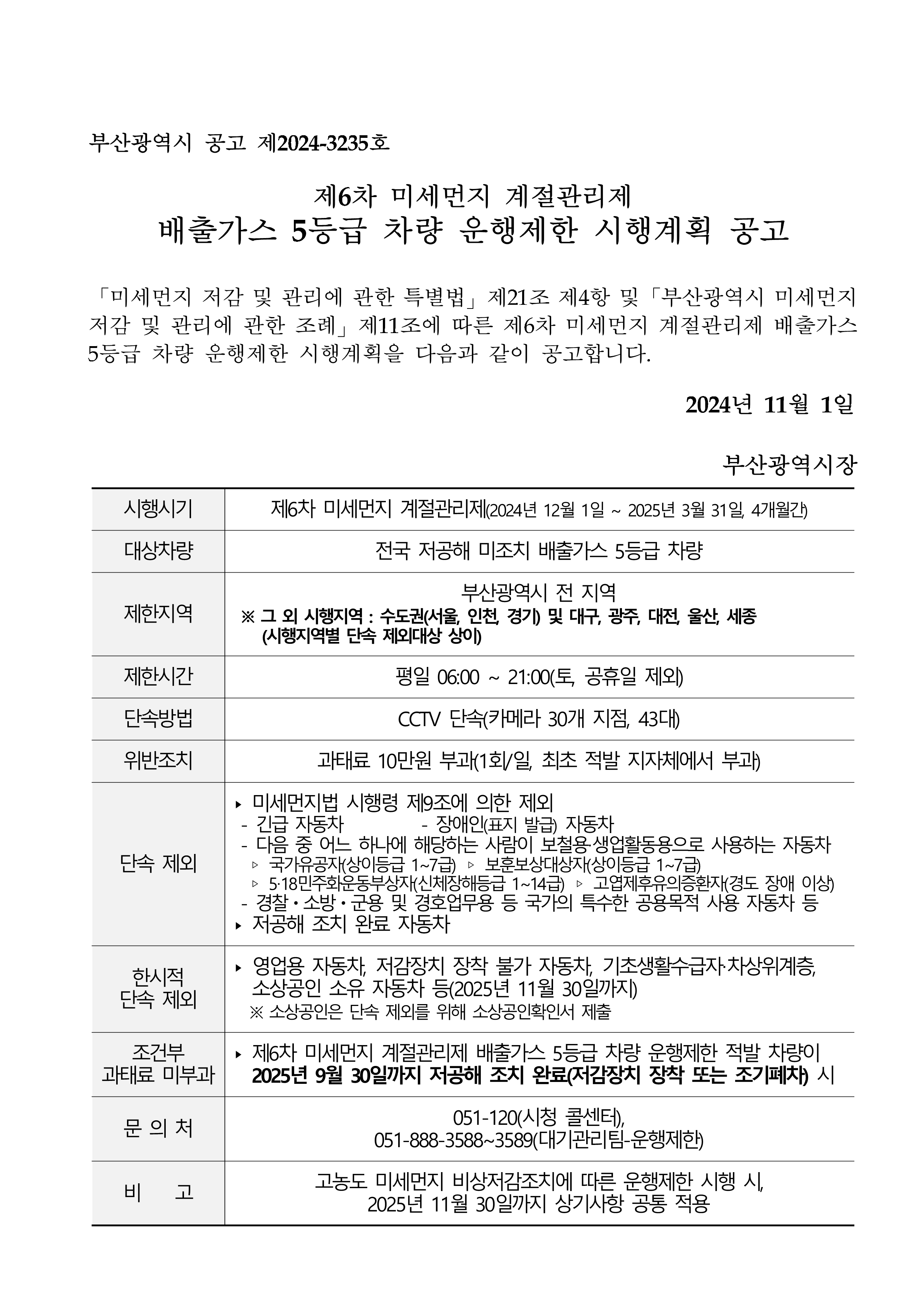 미세먼지 계절관리제 배출가스 5등급 차량 운행제한 안내1