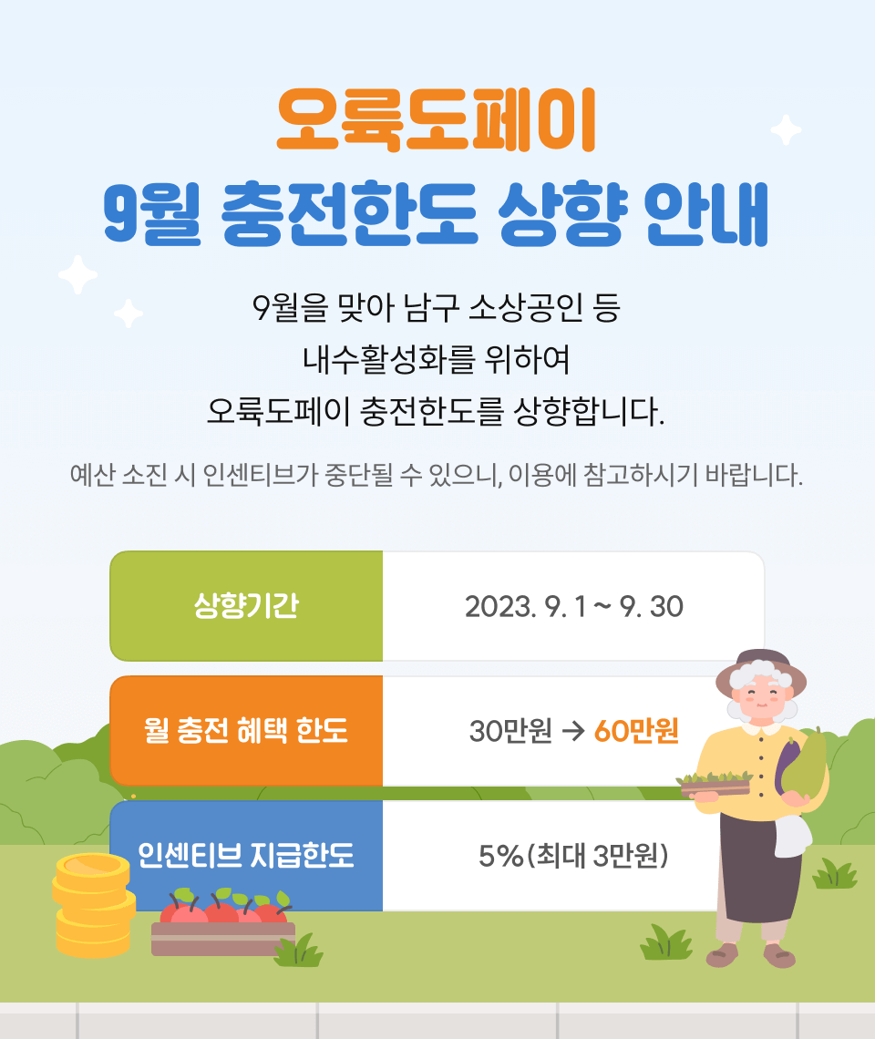 2023년 9월 충전한도 상향 안내(충전한도 60만원, 인센티브 5%)