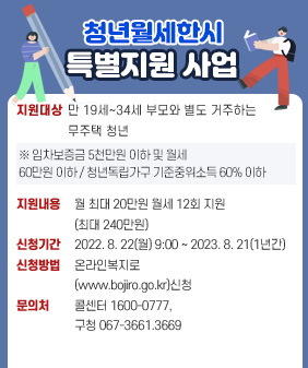 청년월세 한시 특별지원 사업
❍ 지원대상 : 만19세~34세 부모와 별도 거주하는 무주택 청년
-임차보증금 5천만원 이하 및 월세 60만원 이하/ 청년독립가구 기준중위소득 60%이하
❍ 지원내용 : 월 최대 20만원 월세 12회 지원(최대 240만원)
❍ 신청기간 : 2022. 8. 22.(월) 9:00 ~ 2023. 8. 21.(1년간)
❍ 신청방법 : 온라인 복지로(http://www.bokjiro.go.kr) 신청
❍ 문 의 처 : (콜센터) 1600-0777, (구청) 607-3661, 3669