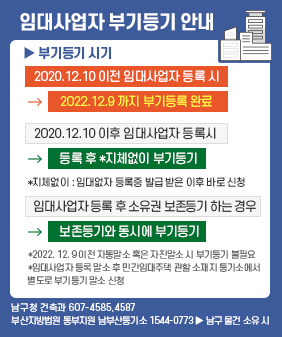 임대사업자 부기등기 안내
부기등기 시기
2020.12.10 이전 임대사업자 등록 시 >> 2022.12.9까지 부기등기 완료
2020.12.10 이후 임대사업자 등록 시 >> 등록 후 *지체없이 부기 등기
*지체없이 : 임대사업자 등록증 발급 받은 이후 받은 신청
임대사업자 등록 후 소유권 보존등기 하는 경우 >> 보존등기와 동시에 부기등기
※ 2022.12.9 이전 자동말소 혹은 자진말소 시 부기등기 불필요
※ 임대사업자 등록 말소 후 민간임대주택 환할 소재지 등기소에서 별도로 부기등기 말소 신청
문의처 : 남구청 건축과 607-4585, 4587
부산지방법원 동부지원 남부산등기소 1544-0773 남구물건 소유시