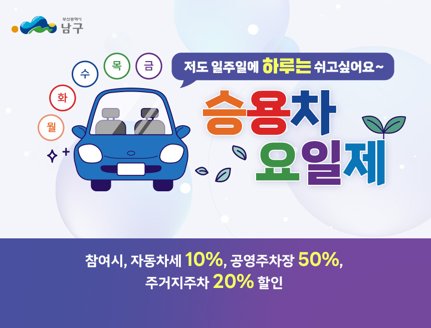 저도 일주일에 하루는 쉬고싶어요~
월,화,수,목,금
승용차요일제
참여시, 자동차세 10%, 공영주차장 50%,
주거지주차 20% 할인