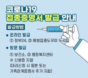 코로나19
접종증명서 발급 안내
발급방법
온라인 발급
① 정부24, ② 예방접종도우미 누리집
방문 발급
① 보건소, ② 행정복지센터
※ 신분증 지참
(대리신청 시 등본 또는 
가족관계증명서 추가 지참)
