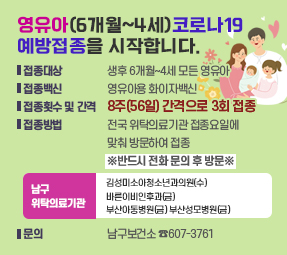 영유아(6개월~4세) 코로나19 예방접종을 시작합니다.
○ 접종대상 : 생후 6개월~4세 모든 영유아
○ 접종백신 : 영유아용 화이자백신
○ 접종횟수 및 간격 : 8주(56일) 간격으로 3회 접종
○ 접종방법 : 전국 위탁의료기관 접종요일에 맞춰 방문하여 접종
※반드시 전화 문의 후 방문※
☞남구 위탁의료기관
김성미소아청소년과의원(수) 바른이비인후과(금)
부산아동병원(금) 부산성모병원(금)
○ 문의 : 남구보건소 ☎607-3761