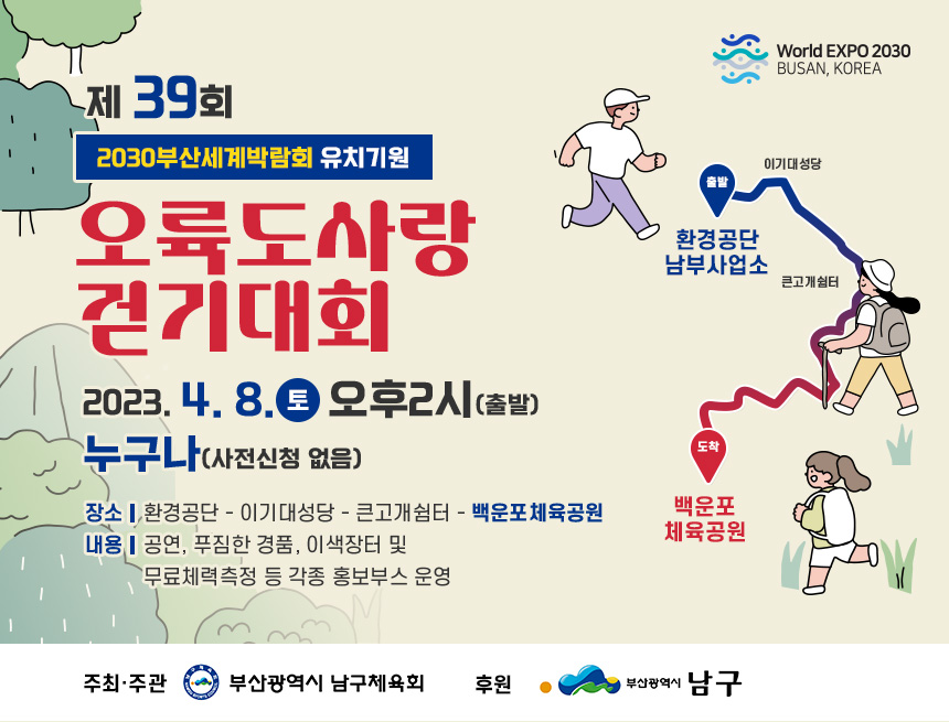 제 39회 2030부산세계박람회 유치기원
오륙도사랑
걷기대회
2023. 4. 8. 토  오후2시(출발)
누구나(사전신청 없음)
장소:환경공단 - 이기대성당 - 큰고개쉼터 - 백운포체육공원
내용:공연, 푸짐한 경품, 이색장터 및 무료체력측정 등 각종 홍보부스 운영
주관주최 : 부산광역시남구체육회
후원 : 부산광역시 남구