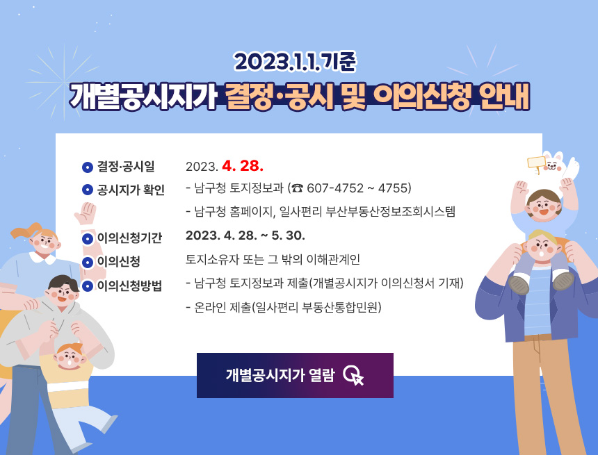 2023.1.1.기준 개별공시지가 결정·공시 및 이의신청 안내
○ 결정·공시일 : 2023. 4. 28.
○ 공시지가 확인
- 남구청 토지정보과 (☎ 607-4752 ~ 4755)
- 남구청 홈페이지, 일사편리 부산부동산정보조회시스템
○ 이의신청기간 : 2023. 4. 28. ∼ 5. 30.
○ 이의신청인 : 토지소유자 또는 그 밖의 이해관계인
○ 이의신청방법
- 남구청 토지정보과 제출(개별공시지가 이의신청서 기재) - 온라인 제출(일사편리 부동산통합민원)
▷개별공시지가 열람 클릭 →