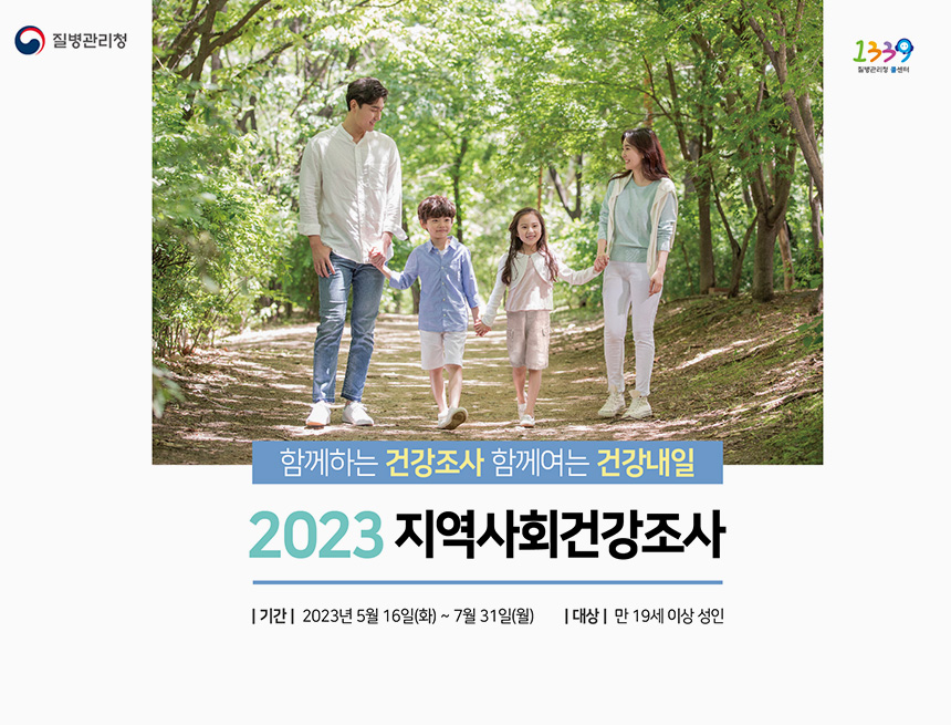 질병관리청 1399
함께하는 건강조사 함께여는 건강내일
2023 지역사회건강조사
기간 : 2023년 5월 16일(화) ~ 7월 31일(월)
대상 : 만 19세 이상 성인
