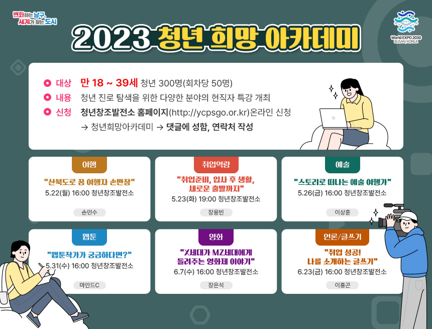 2023 청년 희망 아카데미
대상:만 18 ~ 39세 청년300명(회차당 50명)
내용:청년 진로 탐색을 위한 다양한 분야의 현직자 특강 개최
신청:청년창조발전소 홈페이지(http://ycpsgo.or.kr)온라인 신청
→ 청년희망아카데미 → 댓글에 성함, 연락처 작성

여행
“산북도로 꿈 여행자 손반장”
5.22(월) 16:00 청년창조발전소
손민수

취업역량
“취업준비, 입사 후 생활, 
새로운 출발까지”
5.23(화) 19:00 청년창조발전소
장용빈

예술
“스토리로 떠나는 예술 여행가”
5.26(금) 16:00 청년창조발전소
이상훈

웹툰
“웹툰작가가 궁금하다면?”
5.31(수) 16:00 청년창조발전소
마인드c

영화
“X세대가 MZ세대에게
들려주는 영화제 이야기”
6.7(수) 16:00 청년창조발전소
장은석

언론/글쓰기
“취업 성공!
나를 소개하는 글쓰기”
6.23(금) 16:00 청년창조발전소
이홍곤