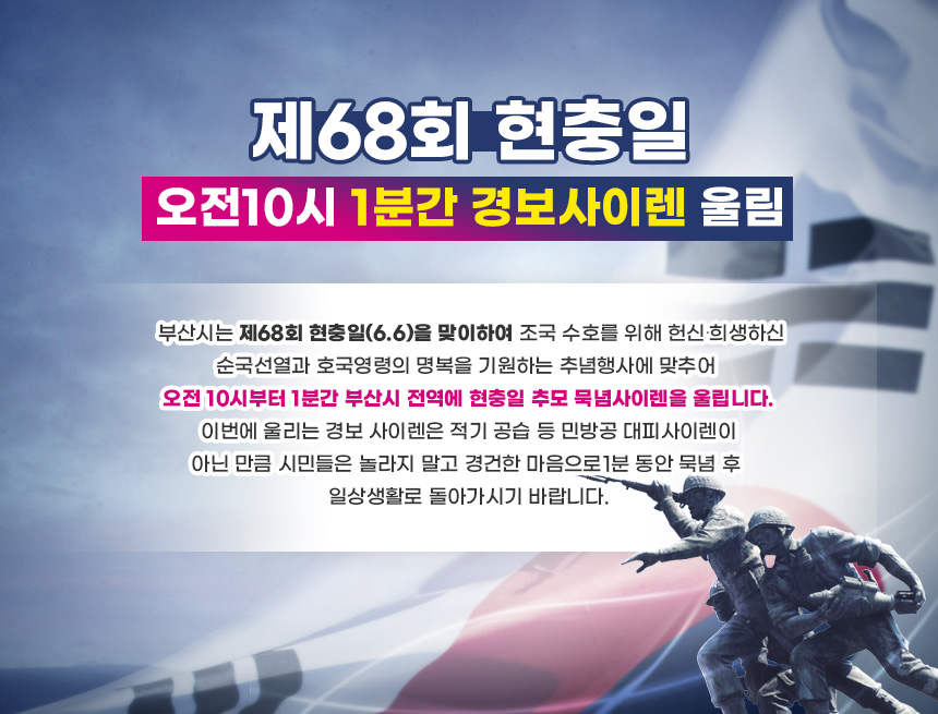 “제68회 현충일 오전10시 1분간 경보사이렌 울림”
  부산시는 제68회 현충일(6.6)을 맞이하여 조국 수호를 위해 헌신․희생하신 순국선열과 호국영령의 명복을 기원하는 추념행사에 맞추어 오전 10시부터 1분간 부산시 전역에 현충일
추모 묵념사이렌을 울립니다.
  이번에 울리는 경보 사이렌은 적기 공습 등 민방공 대피
사이렌이 아닌 만큼 시민들은 놀라지 말고 경건한 마음으로
1분 동안 묵념 후 일상생활로 돌아가시기 바랍니다.
