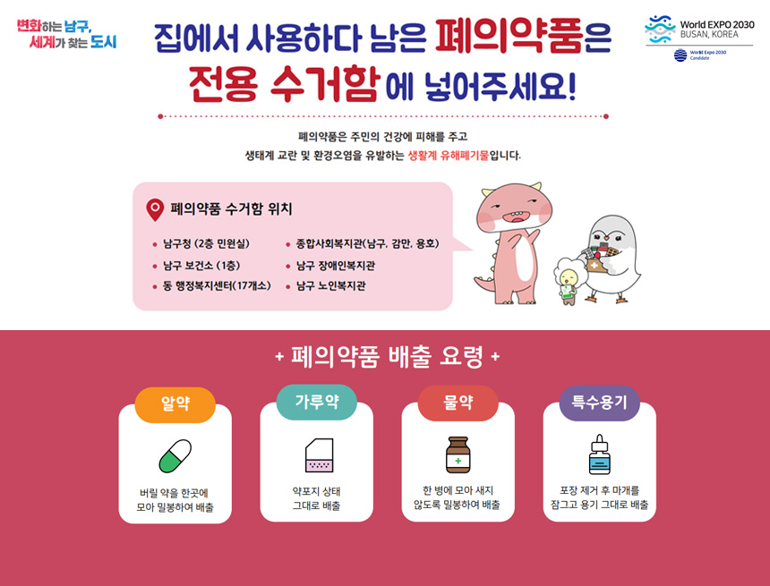 변화하는 남구, 세계가 찾는 도시
집에서 사용하다 남은 폐의약품은 전용수거함에 넣어주세요!
폐의약품은 주민의 건강에 피해를 주고 생태계 교란 및 환경오염을 유발하는 생활계 유해폐기물입니다.
폐의약품 수거함 위치
남구청(2층 민원실), 종합사회복지관(남구, 감만, 용호), 남구보건소(1층), 남구 장애인복지관, 동 행정복지센터(17개소), 남구 노인복지관
폐의약품 배출 요령
알약 : 버릴 약을 한곳에 모아 밀봉하여 배출
가루약 : 약포지 상태 그대로 배출
물약 : 한병에모아 새지 않도록 밀봉하여 배출
특수용기 : 포장 제거 후 마개를 잠그고 용기 그대로 배출
