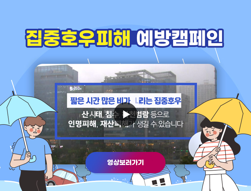 집중호우피해 예방캠페인
짧은 시간 많은 비가 내리는 집중호우
산사태, 침수, 하천범람 등으로
인명피해, 재산피해가 생길 수 있습니다.
영상보러가기