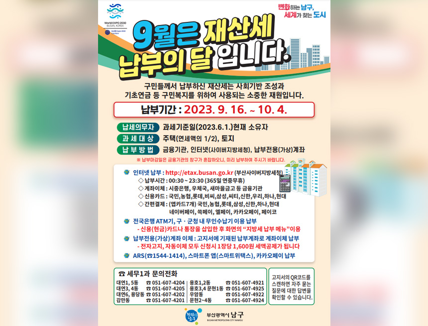 9월은 재산세 납부의 달 입니다
구민들께서 납부하신 재산세는 사회기반 조성과 기초연금 등 구민복지를 위하여
사용되는 소중한 자원입니다
납부기간 : 2023.9.16 ~ 10.4
납세의무자 : 과세기준일(2023.6.1) 현재 소유자
과세대상 : 주택(연세액의 1/2), 토지
납부방법 : 금융기관, 인터넷(사이버지방세청), 납부전용(가상)계좌
※납부마감일은 금융기관의 창구가 혼잡하오니, 미리 납부하여 주시기 바랍니다
- 인터넷 납부 : http://etax.busan.go.kr(부산사이버지방세청)
납부시간 : 00:30 ~ 23:30(365일 연중무휴)
계좌이체 : 시중은행, 우체국, 새마을금고 등 금융기관
신용카드 : 국민, 농협, 롯데, 비씨, 삼성, 씨티, 신한, 우리, 하나, 현대
간편결제 : (앱카드7개) 국민, 농협, 롯데, 삼성, 신한, 하나, 현대, 네이버페이, 쓱페이, 엘페이, 카카오페이, 페이코
- 전국은행 ATM기, 구·군청 내 무인수납기 이용 납부
신용(현금)카드나 통장을 삽입한 후 화면의 