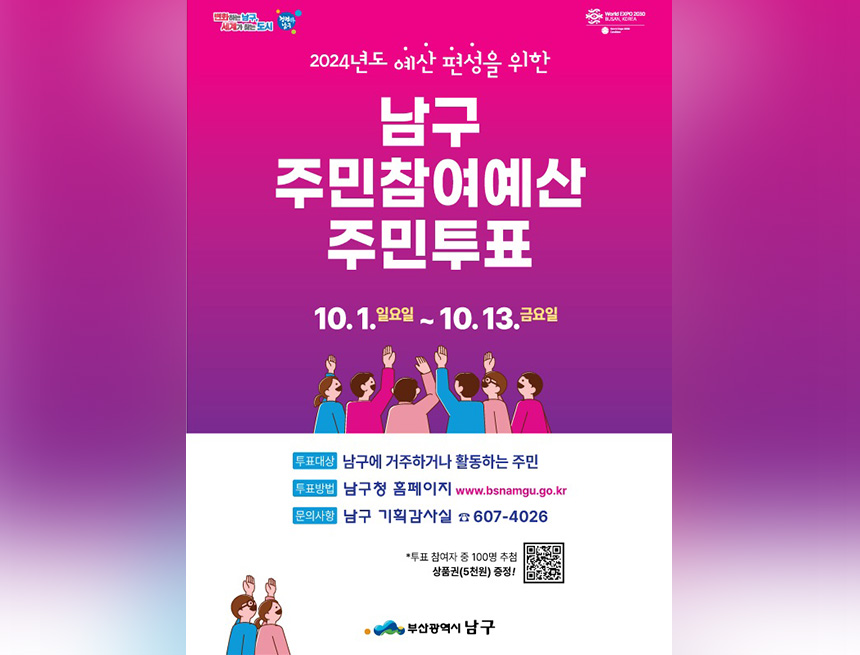 2024년도 예산편성을 위한
남구 주민참여예산 주민투표
10.1일요일 ~ 10.13금요일
투표대상 : 남구에 거주하거나 활동하는 주민
투표방법 : 남구청 홈페이지 www.bsnamgu.go.kr
문의사항 : 남구 기획감사실 607-4026
투표 참여자중 100명 추첨
상품권 5천원 증정! qr코드
부산광역시 남구