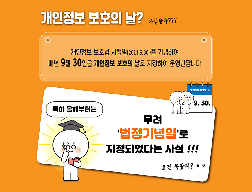 개인정보 보호의 날! 아실랑가???
개인정보 보호법 시행일(2011.9.30.)을 기념하여
매년 9월 30일을 개인정보 보호의 날로 지정하여 운영한답니다!
개인정보보호의 날
9.30.
특히 올해부터는
무려
'법정기념일로
지정되었다는 사실 !!!
요건 몰랐지? ᄒᄒ