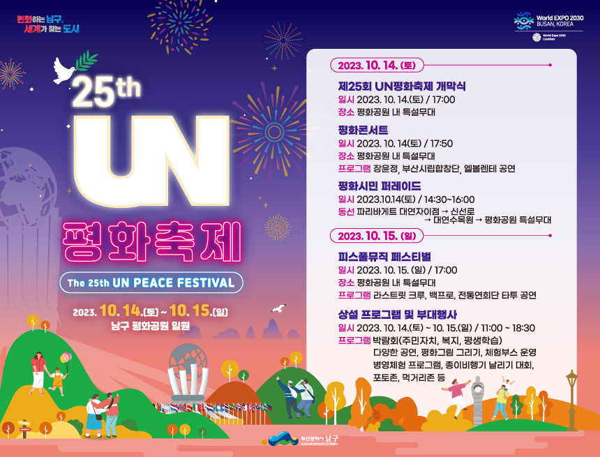 변화하는 남구, 세계가 찾는 도시
World EXPO 2030
BUSAN, KOREA
*25th
UN
평화축제
The 25th UN PEACE FESTIVAL
2023.10.14.(E)~10.15.() 남구 평화공원 일원
2023. 10. 14. (E)
제25회 UN평화축제 개막식
일시 2023. 10. 14.(토) / 17:00
장소 평화공원 내 특설무대
평화콘서트
일시 2023. 10. 14(토) / 17:50
장소 평화공원 내 특설무대
프로그램 장윤정, 부산시립합창단, 엘볼렌테 공연
평화시민 퍼레이드
일시2023.10.14(토) / 14:30~16:00
동선 파리바게트 대연자이점→ 신선로
→대연수목원 → 평화공원 특설무대
2023.10.15. (2)
피스풀뮤직 페스티벌
일시 2023. 10. 15.(일) / 17:00
장소 평화공원 내 특설무대
프로그램 라스트릿 크루, 백프로, 전통연희단 타투 공연
상설프로그램 및 부대행사
일시2023. 10. 14.(토) ~ 10. 15.(일) / 11:00~18:30
프로그램 박람회(주민자치, 복지, 평생학습)
다양한 공연, 평화그림 그리기, 체험부스 운영 병영체험 프로그램, 종이비행기 날리기 대회, 포토존, 먹거리존 등
부산광역시 남구