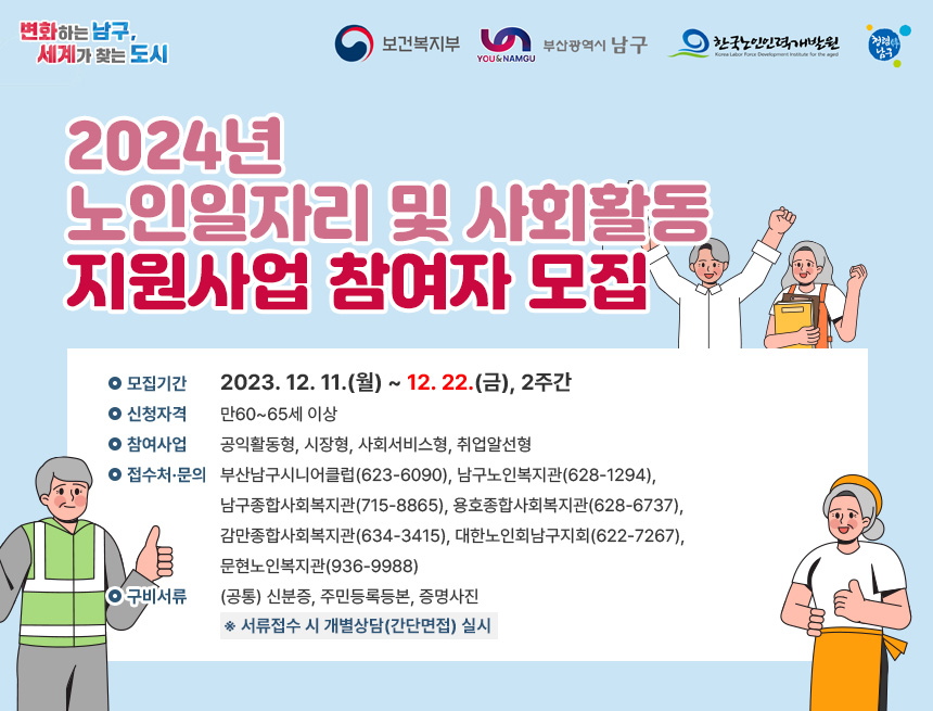 2024년 노인일자리 및 사회활동 지원사업 참여자 모집
- 모집기간 : 2023. 12. 11.(월) ~ 12. 22.(금), 2주간
- 신청자격 : 만60~65세 이상 
- 참여사업 : 공익활동형, 시장형, 사회서비스형, 취업알선형
- 접수처•문의 : 부산남구시니어클럽(623-6090)
               남구노인복지관(628-1294)
               남구종합사회복지관(715-8865)
               용호종합사회복지관(628-6737)
               감만종합사회복지관(634-3415)
               대한노인회남구지회(622-7267)
               문현노인복지관(936-9988)
- 구비서류 : (공통) 신분증, 주민등록등본, 증명사진 
- 기타 상세사항은 각 기관에 개별 문의
   ※ 서류접수 시 개별상담(간단면접) 실시