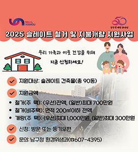 2025년 슬레이트 철거 및 지붕개량 지원사업
우리가족과 이웃 건강을 위해 지금 신청하세요!
지원대상 : 슬레이트 건축물(총 90동)
지원금액 :
철거(주택) : (우선)전액, (일반)최대 700만원
철거(비주택) : 면적 200m2 이하 전액
개량(주택) : (우선)최대 1,000만원, (일반)최대 30만원
신청 : 방문 또는 등기우편
문의 : 남구청 환경위생과(607-4395)