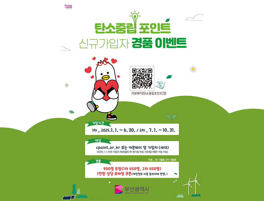 탄소중립 포인트 신규가입자 경품 이벤트
카본페이(탄소중립포인트)앱
가입기간
1차 2025.1.1 ~ 6.30 / 2차 7.1 ~ 10.31
대상
cpoint.or.kr또는 카본페이 앱 가입자(세대)
2025.1.1이전 가입자 제외(탈퇴 후 재가입 무효, 1세대당 1명만 가입가능)
경품
900명 추첨(1차 450명, 2차 450명)
1만원 상당 모바일 쿠폰(개인정보 이용 동의자 한함)
부산광역시