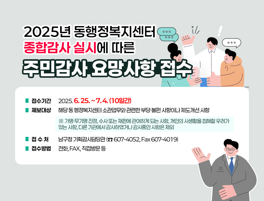 《 2025년 동행정복지센터 종합감사 실시에 따른 “주민감사 요망사항” 접수 》
접수기간 : 2025. 6. 25. ~ 7. 4. (10일간)
제보대상 : 해당 동 행정복지센터 소관업무와 관련한 부당·불편
사항이나 제도개선 사항
※ 가명ㆍ무기명 진정, 수사 또는 재판에 관여하게 되는 사항, 개인의 사생활을 침해할 우려가
있는 사항, 다른 기관에서 감사하였거나 감사중인 사항은 제외
접 수 처 : 남구청 기획감사담당관 (☎ 607-4052, Fax 607-4019)
접수방법 : 전화, FAX, 직접방문 등