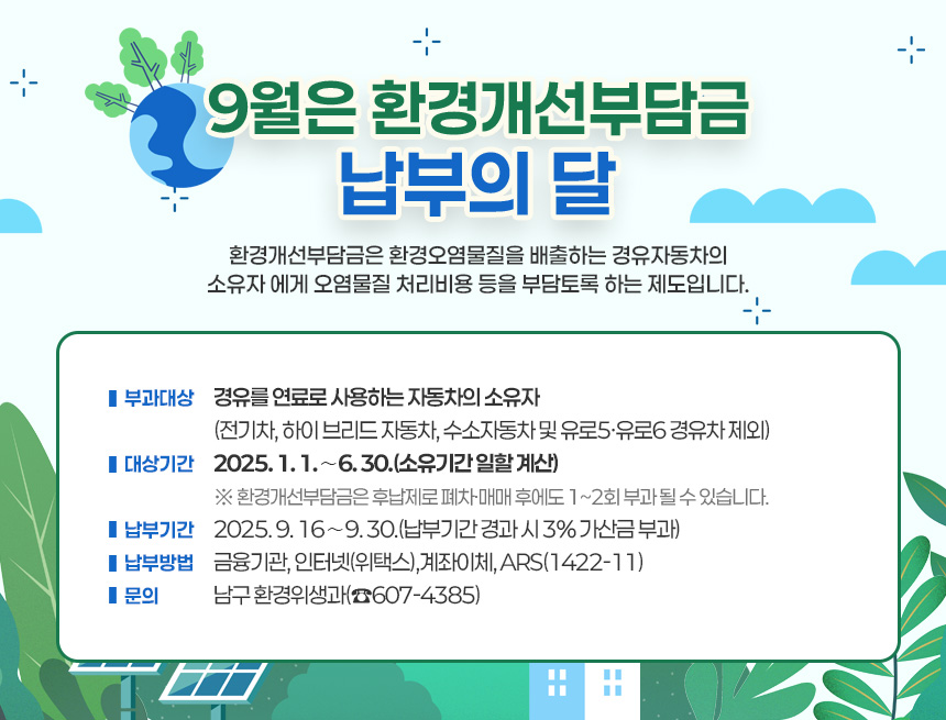 9월은 환경개선부담금 납부의 달

○ 환경개선부담금은 환경오염물질을 배출하는 경유자동차의
소유자 에게 오염물질 처리비용 등을 부담토록 하는
제도입니다.
○ 부과대상：경유를 연료로 사용하는 자동차의 소유자
(전기차, 하이 브리드 자동차, 수소자동차 및 유로5·유로6 경유차 제외)
○ 대상기간：2025. 1. 1.∼6. 30.(소유기간 일할 계산)
※ 환경개선부담금은 후납제로 폐차·매매 후에도 1~2회 부과
될 수 있습니다.
○ 납부기간：2025. 9. 16∼9. 30.
(납부기간 경과 시 3% 가산금 부과)
○ 납부방법 : 금융기관, 인터넷(위택스),계좌이체, ARS(1422-11)
○ 문의：남구 환경위생과(☎607-4385)